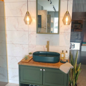 90 cm retro yeşil banyo dolabı seti, su geçirmez masif ahşap tezgahlı ve aynalı model
