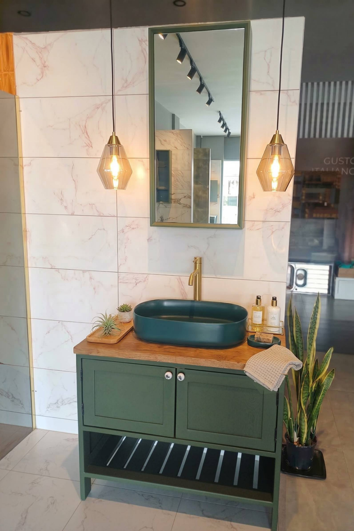 90 cm retro yeşil banyo dolabı seti, su geçirmez masif ahşap tezgahlı ve aynalı model