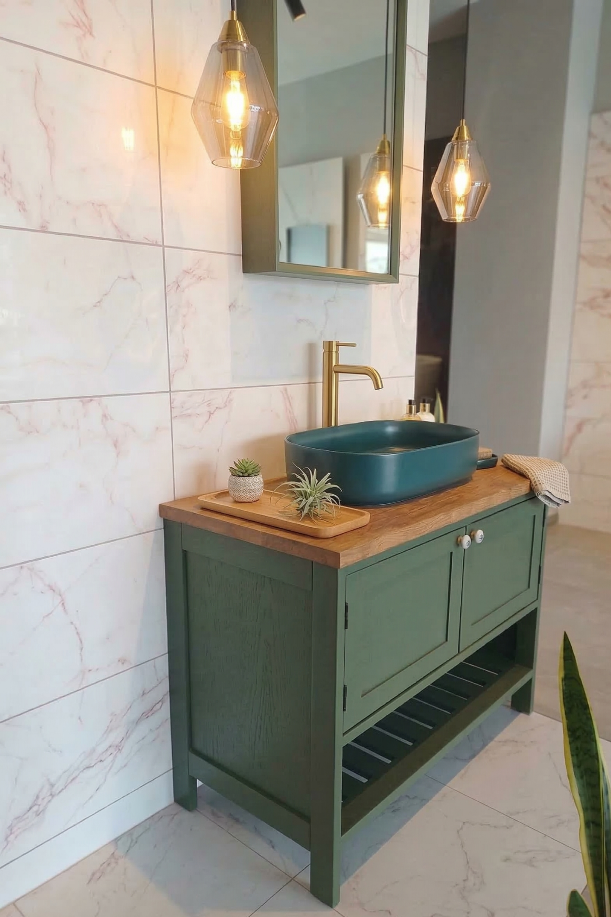 90 cm retro yeşil banyo dolabı seti, su geçirmez masif ahşap tezgahlı ve aynalı model