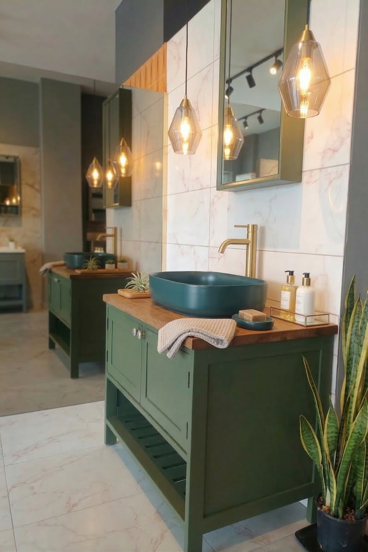 90 cm retro yeşil banyo dolabı seti, su geçirmez masif ahşap tezgahlı ve aynalı model