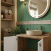 beyaz1 Mat beyaz iki kapaklı asma banyo dolabı, ahşap tezgahlı, modern lavabolu tasarım