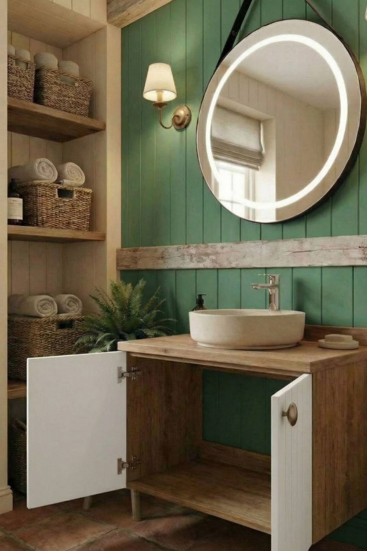 beyaz1 Mat beyaz iki kapaklı asma banyo dolabı, ahşap tezgahlı, modern lavabolu tasarım