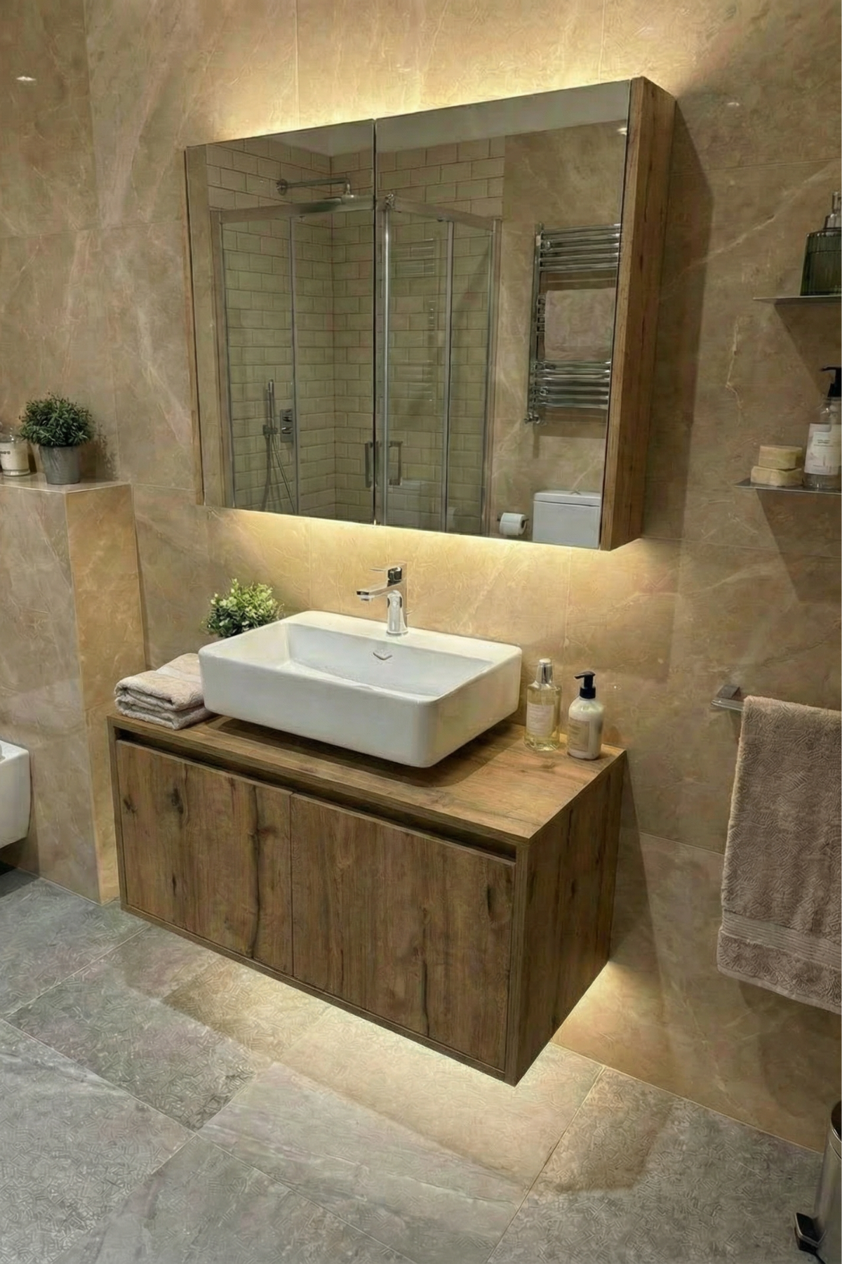 85 cm ahşap banyo dolabı, MDF gövdeli, aynalı üst dolaplı, modern asma model 85 cm ahşap banyo dolabı, MDF gövdeli, aynalı üst dolaplı, modern asma model