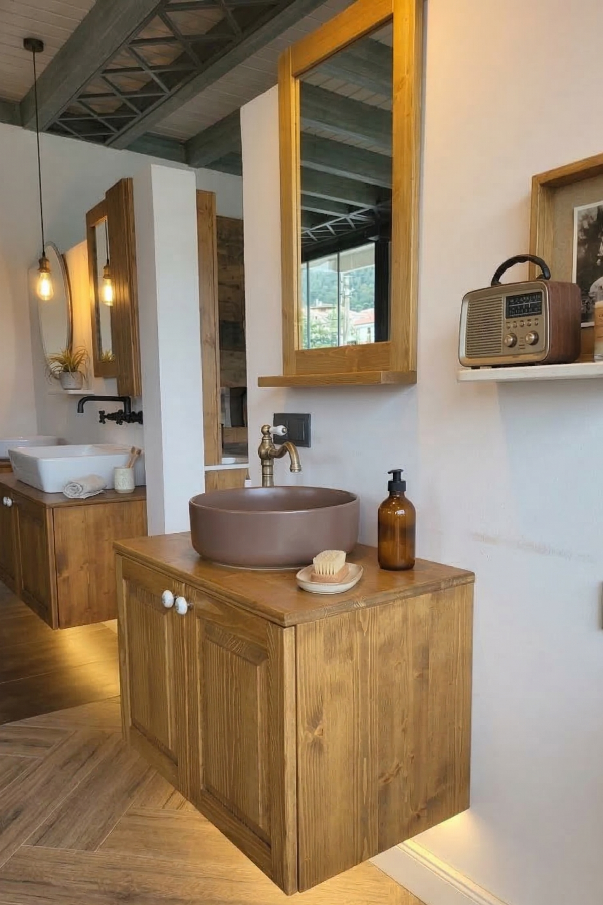 70 cm masif doğal ahşap banyo dolabı seti, su geçirmez cilalı ve aynalı model