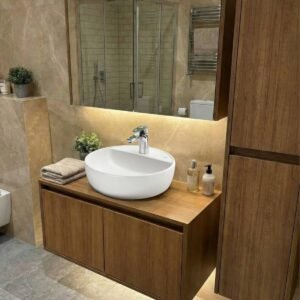 100 cm mat renkli MDF asma banyo dolabı takımı, aynalı üst dolap modeli.