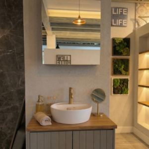 70 cm alt dolap Vizon Lake Banyo Dolabı Takımı | Masif Doğal Ahşap Tezgahlı | Aynalı Üst Dolap | 42 cm Lavabo