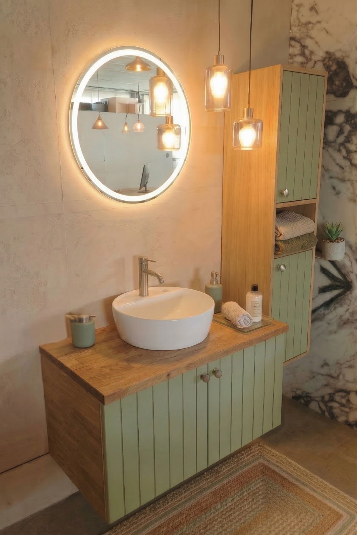 90 cm banyo dolabı seti, boy dolaplı, lavabolu ve LED aynalı, doğal ahşap ve 4 kat lake boyalı.