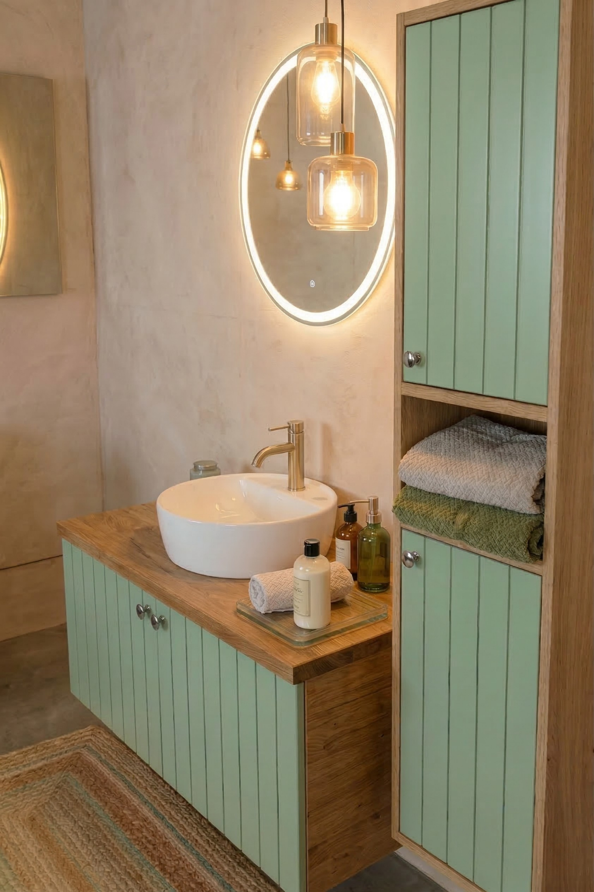 90 cm banyo dolabı seti, boy dolaplı, lavabolu ve LED aynalı, doğal ahşap ve 4 kat lake boyalı.