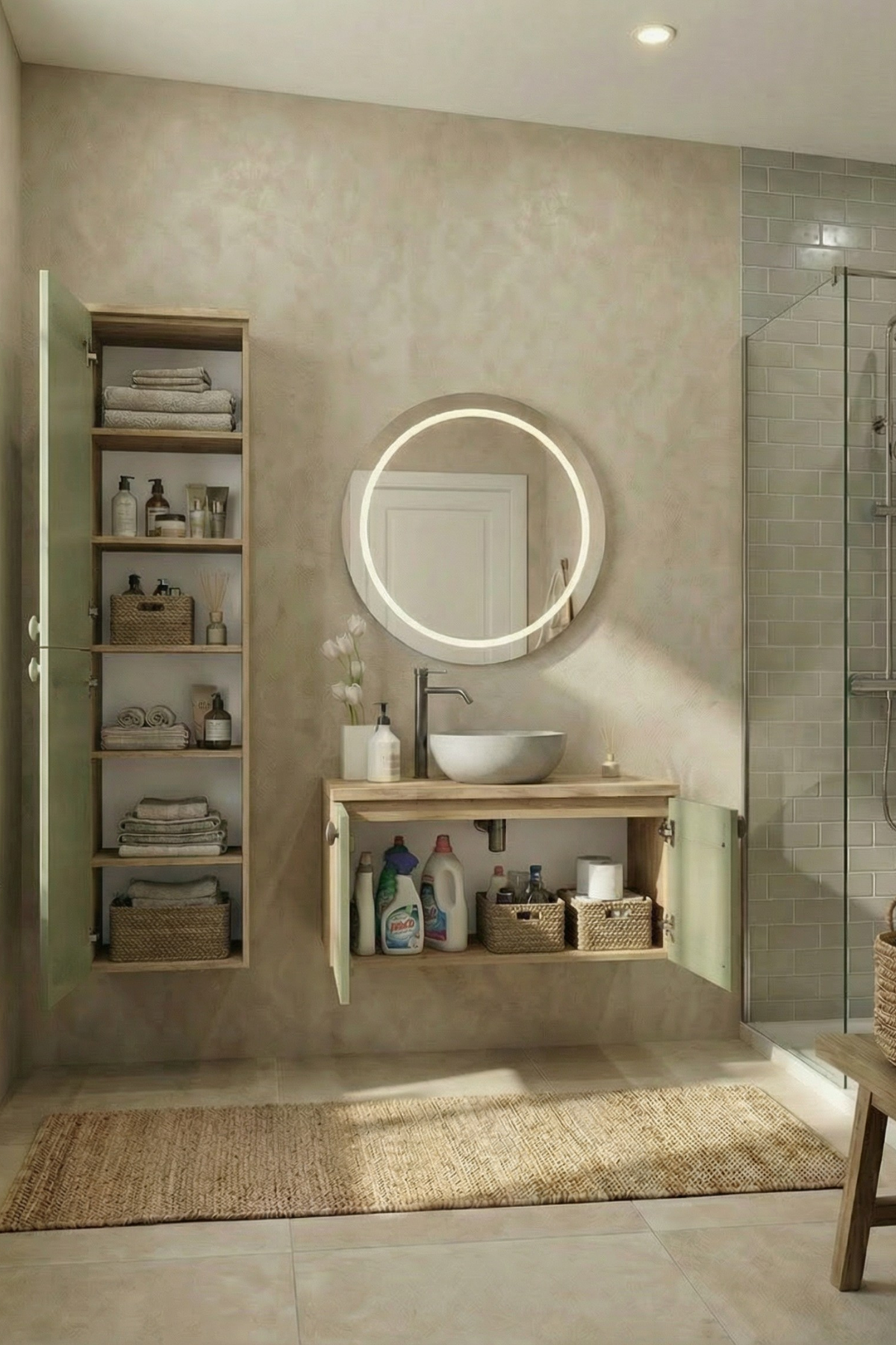 Banyo Dolabı Seti-Ahşap Yeşil Mat Lake Boyalı-Doğal Ahşap-Boy Dolabı-Aynalı Üst Dolap-Lavabosuz - Görsel 4