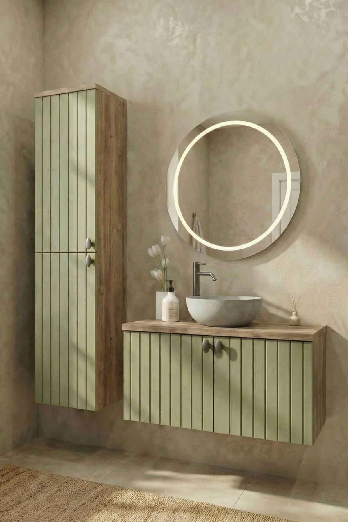 Banyo Dolabı Seti-Ahşap Yeşil Mat Lake Boyalı-Doğal Ahşap-Boy Dolabı-Aynalı Üst Dolap-Lavabosuz - Görsel 3