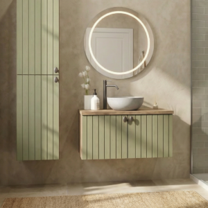 Yeşil mat lake boyalı, aynalı banyo dolabı seti