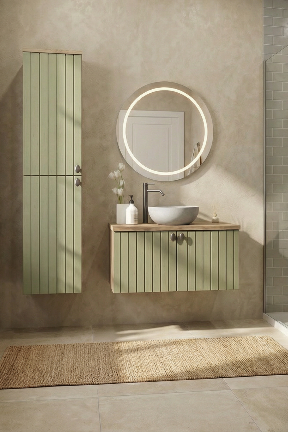 Yeşil mat lake boyalı, aynalı banyo dolabı seti