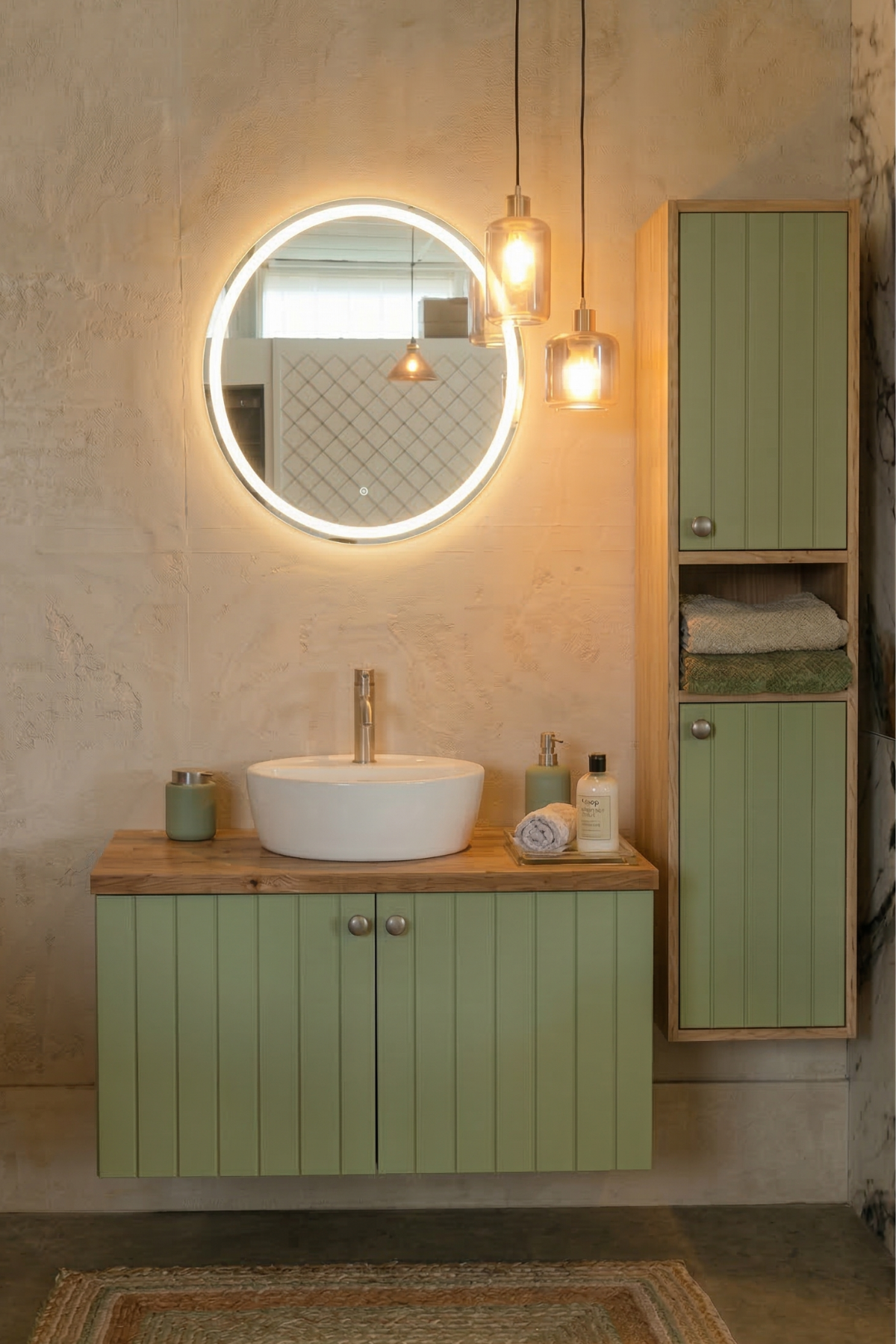 90 cm banyo dolabı seti, boy dolaplı, lavabolu ve LED aynalı, doğal ahşap ve 4 kat lake boyalı.