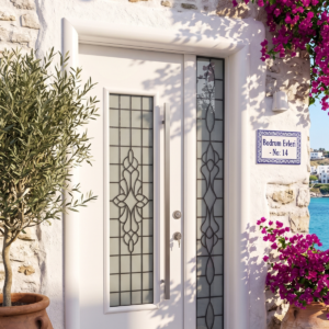 Akdeniz / Bodrum Tarzı Ferforje Camlı Isı Yalıtımlı Alüminyum Dış Mekan Villa Kapısı | Mat Beyaz & Yan Sabit Işıklıklı
