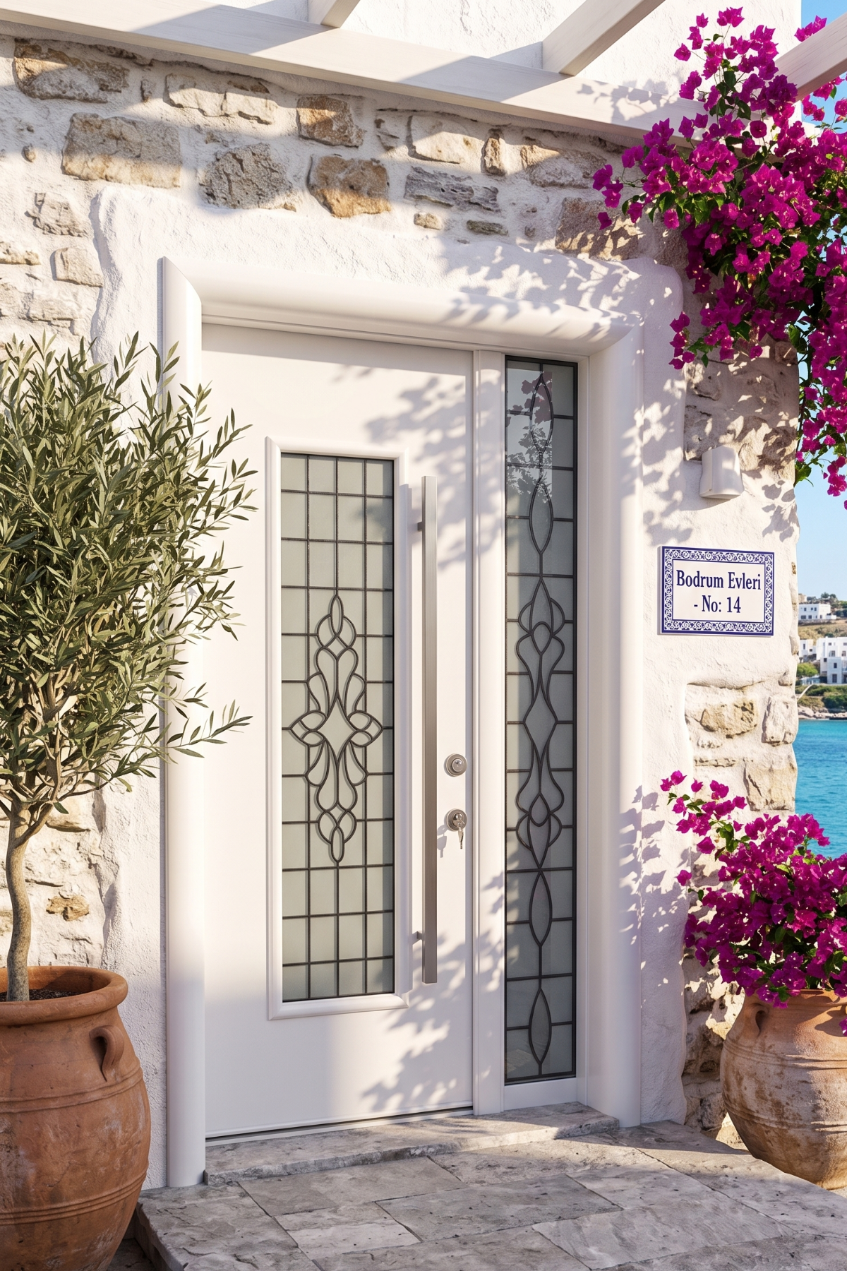 alüminyumkapıbeyaz Akdeniz / Bodrum Tarzı Ferforje Camlı Isı Yalıtımlı Alüminyum Dış Mekan Villa Kapısı | Mat Beyaz & Yan Sabit Işıklıklı