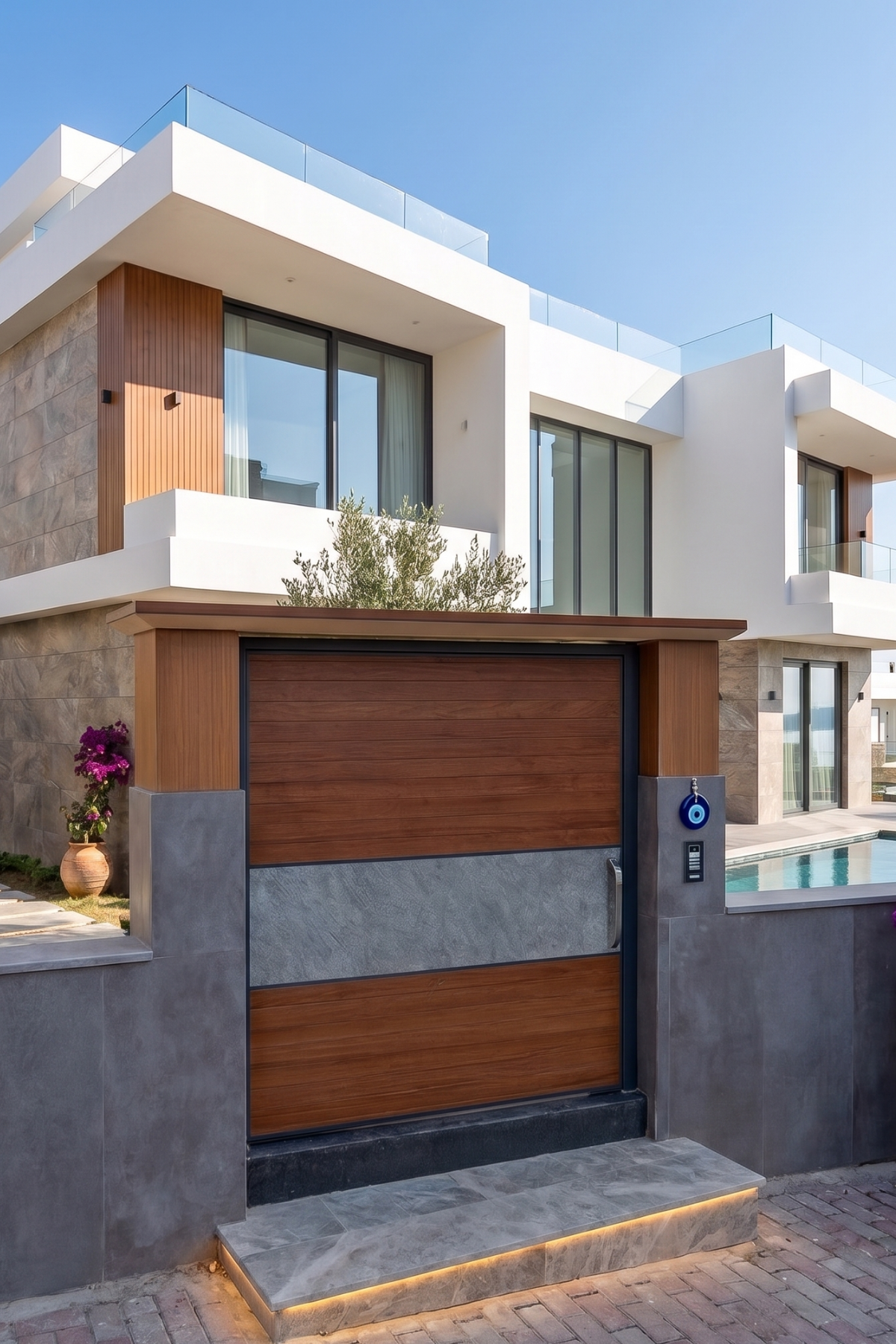 Modern Ahşap & Doğal Taş Dokulu Dış Bahçe Villa Giriş Kapısı | Alüminyum Karkaslı Yaya Kapısı